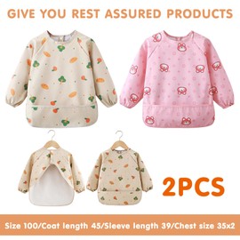 PORFOYO Baby Bibs with Sleeves, 2 Pieces Baby Bibs for Baby Food, Washable Bibs with Sleeves, Full Body for with Sleeves, Soft, Skin-Friendly for Children 24-48 Months, blue, m