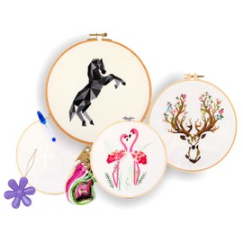 S&D Embroidery Starter Kit, 3 Pack Cross Stitch kit for Beginners with Floral and Animal Patterns, 3 Embroidery Pattern, 1 Embroidery Hoop, Embroidery Threads, Embroidery Kit for Kids and Adults UK