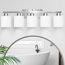 SILAMPDI 5-Light Bathroom Lighting Fixtures Over Mirror, Brushed Nickel Bathroom Vanity Light, Modern Rustproof Wall Sconce Lights, Milky White Frosted Glass Shades, E26 Base, Bulbs Not Included