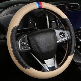 Cxtiy Leather Steering Wheel Cover for Men Women, Non-Slip Car Wheel Cover Wrap Breathable Microfiber Leather Universal Fit for Most Cars (Beige)