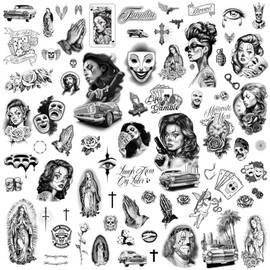 Los Vatos Paquete Chicano - 8 Hojas Cholo Y Chola Tatuajes Temporales - Payasa, Lowrider, Virgen María, Oración, Cruz, Chicana, Gangster, Tatuaje Falso, Día De Muertos, Tatuajes Tempora