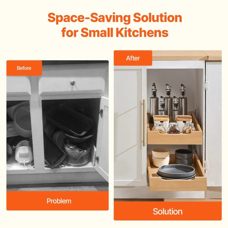 2-Tier Pull-Out Cabinet Organizer Soft Close Slide Out Wood Drawer