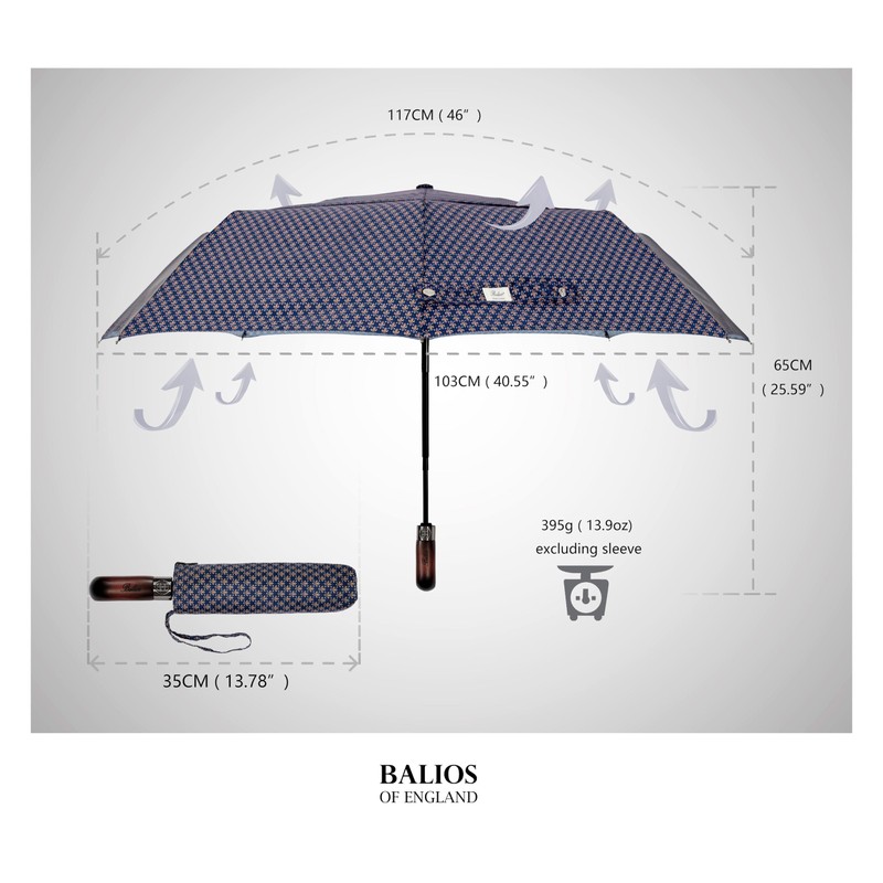 Balios Travel Folding Umbrella with Real Wood Handle Auto Open
