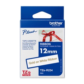 Brother Genuine TZe-R234 Ribbon Tape, Gold On White, 12mm x 4m