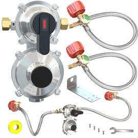 MEFUN New RV Propane 2-Stage Auto Changeover LP Propane Gas Regulator-2 Tank with Two 18" RV Pigtail Propane Stainless Braided Hoses with Gauge Dual Propane Tank Regulator for RVs, Vans,Trailers,Campe