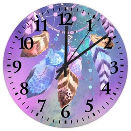 10" Silent Non-Ticking Wall Clocks Battery Operated Boho Moon Dream Catcher Feather Wall Decor for Living Room Colorful Flowers Artwork Vintage Round Wooden Wall Clock Country for Kid's Room Classroom