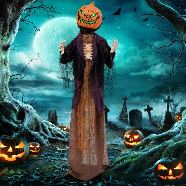 Tangkula 5.6 FT Halloween Animated Standing Pumpkin Scarecrow, Animatronic Halloween