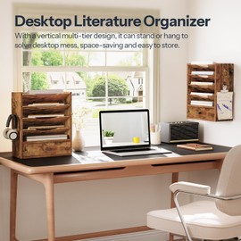 HOOBRO Wall File Organizer, Mail Organizer Wall Mounted, Wooden Literature Organizer, Construction Paper Organizer with Drawer Storage and 2 Hooks, for Office, Classroom, Home, Rustic Brown FG14WF01