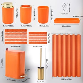 Orange and Gold Bathroom Accessories Set 9 PCS, Bathroom Sets with Stainless Steel Trash Can,Toilet Brush and Plastic Toothbrush Set,Soap Dispenser and Shower Curtain, 2PCS Rugs for Bath Decor
