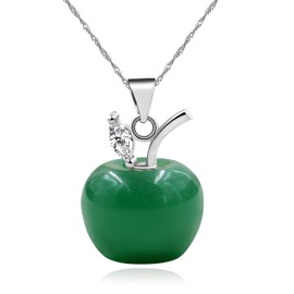 JunyiDIY Apple Necklace with Crystals Green Aventurine Stone | 18K White Gold Plated | Elegant 19.7-Inch Jewelry for Women