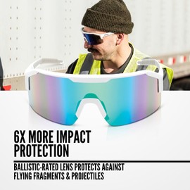 Jackson Safety Maxview+ Safety Glasses - Wraparound Eye Protection for Men & Women - Anti-Fog, Anti-Scratch, Ballistic-Rated, ANSI Z87.1 Compliant - White Frame with Green Mirror Lens - Pack of 1