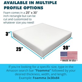 FOAMMA 3" x 25" x 30" High Density Upholstery Foam Cushion (Seat Replacement, Upholstery Sheet, Foam Padding) Made in USA