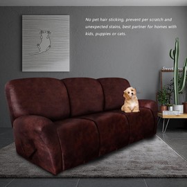 molasofa Recliner Sofa Covers - 8 Pieces Stretch Leather Like Large Couch Covers for 3 Seats Reclining Slipcovers Soft Jacquard Pattern Furniture Protector with Elastic Bottom (Red)