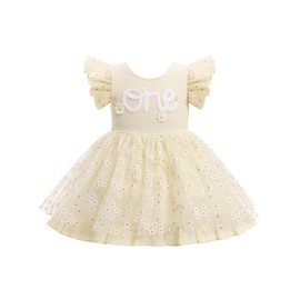ODASDO Baby Girls First Birthday Outfit Infant Daisy Floral One Year Old Party Dress Flutter Sleeve Smocked Back Mesh Tulle Tutu Princess Dresses with Bowknot Headband Set Apricot 9-12 Months