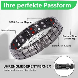 JEROOT Men's Magnetic Bracelet Made of Brushed Grey Titanium Bracelet 4 Elements Magnetic Bracelet with High-Quality Folding Clasp and Watch Link Remover (3500 gauss)