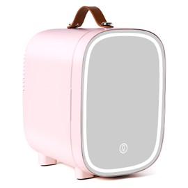 FANSEXPERT Mini Fridge for Bedroom, 4 Liter/6 Can Skincare Fridge With LED Mirror,12v AC/DC Cooler & Warmer Portable Small Refrigerator for Drinks, Makeup, Dorm, Office and Car(Pink)