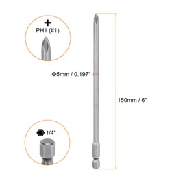 HARFINGTON #1 Phillips Screwdriver Bit PH1 1/4" Hex Shank 6" (150mm) Long Magnetic S2 Steel Industrial Grade Screw Driver Bit Cross Head Electric Drill Bits 0.197" (5mm) Rod
