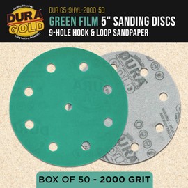 Dura-Gold Premium 2000 Grit 5" Green Film Sanding Discs, 9-Hole Pattern, Box of 50 - Heavy-Duty Dustless Hook & Loop Backing Sandpaper for DA & Random Orbital Sander, Detail Auto Paint Wood