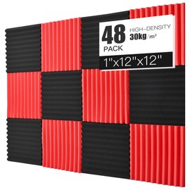 Acoustic Foams Panels 48 Pack 1" x 12"x 12" Sound Proof Foam Panels for Walls High Density and Fire Resistant Soundproofing Panels Soundproof Studio Wedges Sound Dampening Panels Black Red