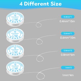Elastic Band for Bracelets, 1.0 mm x 2, 0.8 mm x 2, 0.6 mm and 0.4 mm Elastic Jewellery Thread, 6 Spools Transparent Elastic Jewellery Thread, Transparent Pearl Thread with Bead Needle for Jewellery
