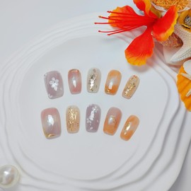 Medium Square Press on Nails Cat Eye Handmade False Nails with Designs, French Tip Short Coffin Reusable Fake Nails (Floral Orange#Small)