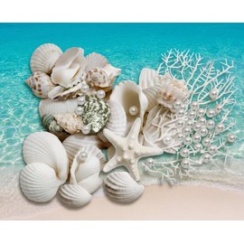 75 Floating Seashells White with Few Mixed- Coral Reef- Pearls- Aqua Beads- 3 Submersible LED Fairy Lights Strings Warm White (Hidable Submersible Batteries)- Fills 1 Gallon of Transparent Water Gels