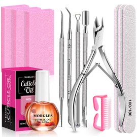 MORGLES Cuticle Remover kit, 100/180 Nail File and Nail Buffer Blocks, 1 Pcs Rose Cuticle Oil and Professional Pedicure Manicure Tools, Nipper Cutter for Fingernails and Toenails