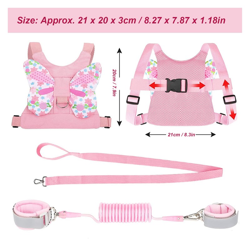 Toddler Harness Leashes with Retractable Wrist Link Pink 1.5M Rope