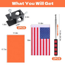 2 Pack American Boat Flag Pole Kit,12" x 18" Water Ski Boat Safety Flag with 79" Metal Retractable Boat Safety Flagpole and Fix Base for Kayak Floating Tubing Wakeboarding Swimming Surfing Watersports