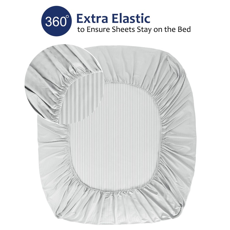 PiccoCasa 100GSM Microfiber Striped Bed Fitted Sheet, 16 Inch Deep