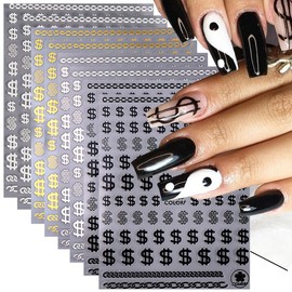 8PCS Money Dollar Nail Art Stickers Metallic Nail Decals 3D Luxury Gold Silver Black White Dollar Sign Chain Design Self-Adhesive Currency Unit Symbol Slider Decal DIY Holographic Nail Art Decoration