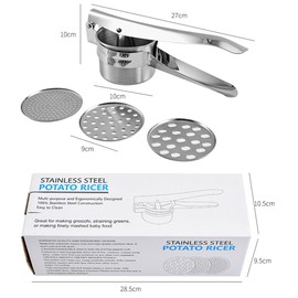 Potato Ricer 15oz, Heavy Duty Stainless Steel Potato Masher and Ricer for Mashed Potatoes,with 3 Interchangeable Discs, Potato Press Kitchen Tool for Mashed