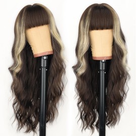 AISI HAIR Brown Mixed Light Blonde Wig with Bangs Long Wavy Wig for Women Synthetic Hair for Daily Party Use