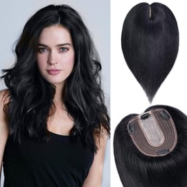 TESS Hair Topper Real Hair Black, 10 x 12 cm Base Toupee Women's #1 Black Hair Topper Real Hair 35 g 25 cm Hair Topper Clip in Hairpiece Extensions