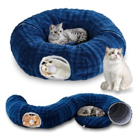 Yaning Bubble Cat Tunnel for Indoor Cats, Round Peekaboo Cave Toy with Dangling Balls, Donut Tunnel Bed with Circle Mat for Puppy Kitten Rabbit, Navy Blue