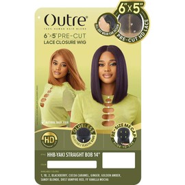 Outre 6X5 Pre-Cut Lace Closure Wig - Human Hair Blend - Yaki Straight Bob 14" (DRST VAMPIRE RED)