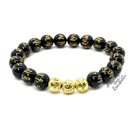 Black Obsidian & Lava Rock Stretch Buddhist Bracelet with Engraved Mantra | 10mm Crystals | Scorpio Birthstone for October November | Root Chakra (Wrist Size 7 Inches)