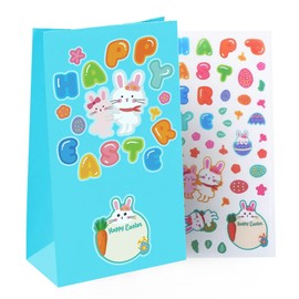 Nexmint 9-Inch Blue Gift Bags (12-Pack) with Creative DIY Fun Creative Spring Themed Stickers (4-Sheets), Treat Bags, Paper Goodie Bags, Party Favor Bags, Treat Bags