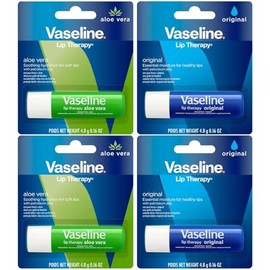Vaseline Paquete de 4 variedades de terapia de labios, bálsamo labial hidratante original + aloe vera con vitamina E, 0.16 onzas Ea
