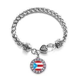 Inspired Silver - Puerto Rico Flag Silver Braided Bracelets for Women - Circle Charm Bracelet Jewelry Gift with Cubic Zirconia - Women's Charm Bracelet with Lobster Claw Clasp