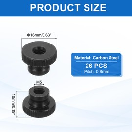sourcing map 26Pcs Knurled Thumb Nuts, M5x10mm Carbon Steel Nut Iron Round Knobs Fasteners High Head Through Hole Hand Screw Nut for 3D Printer Part, Black