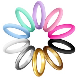 LUNIQI Silicone Wedding Ring for Women, Thin and Stackable Durable Rubber Safe Band for Love, Couple, Souvenir and Outdoor Active Exercise Style-10 Rings Pack