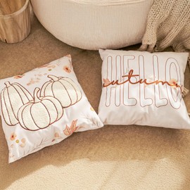 DN DECONATION Autumn Cushion Cover, 45 x 45 cm, Set of 2, White Cushion Covers, Pumpkin Decorative Cushion Covers, Sofa Cushion, Autumn Decoration, Indoor Pumpkin Cushion for Living Room, Couch