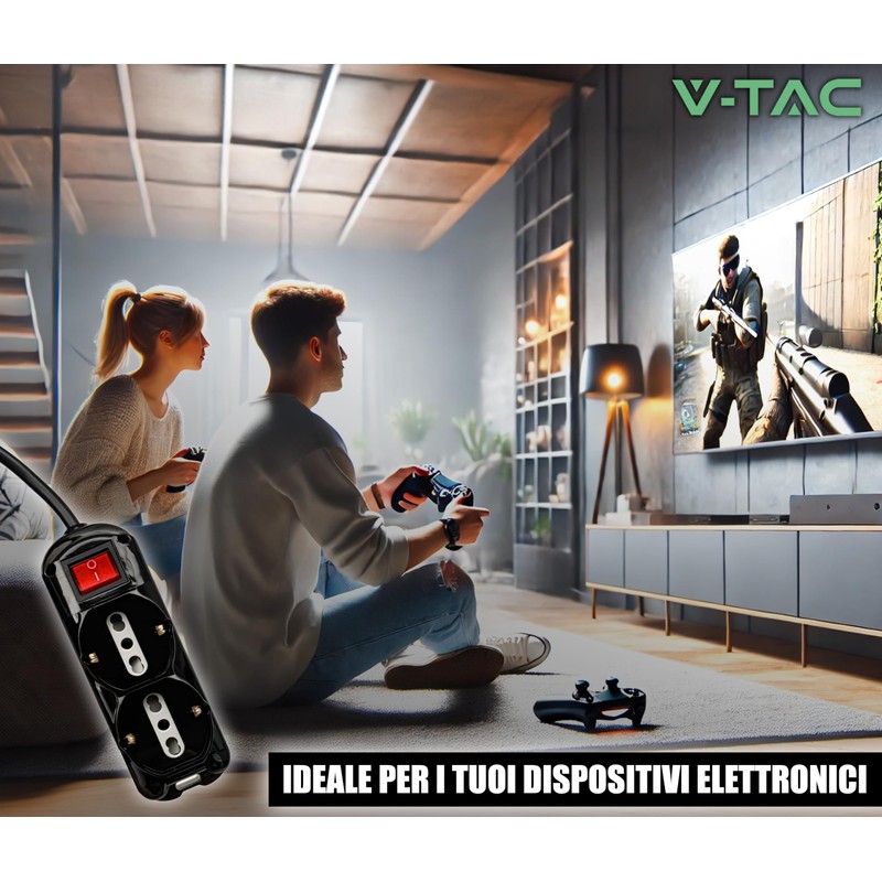 V-TAC Power Strip Black 6 Slots with Switch and Cable