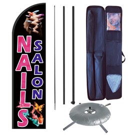 CS&BEAUTY Nails Salon Feather Flag Pole Kit, Business Advertising Flags for Nails Store - 8 Feet Banner Flags and 12 Feet Flagpole, Metal X Base and Portable Travel Bag