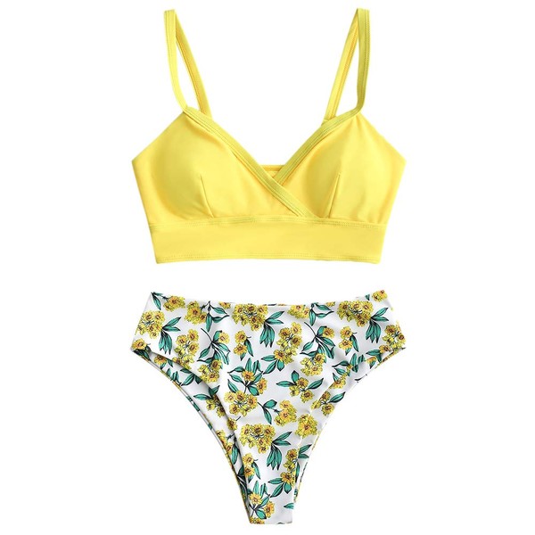 ZAFUL Women's Push Up High Waisted Floral Bikini Set Swimwear - Yellow - XXL