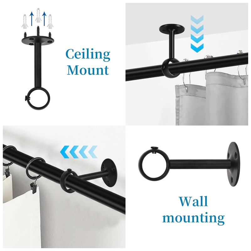 4 PCS Ceiling Curtain Pole Brackets, Curtain Rod Brackets Black