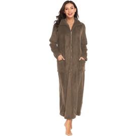 Ekouaer Women's Flannel Robe Zipper Front Robes Full Length Bathrobe Khaki,Small