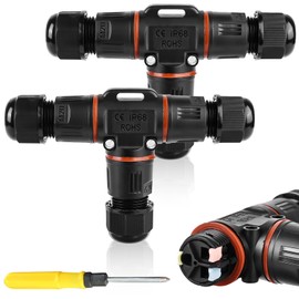 3-Pin Cable Connector Waterproof IP68, T-Shape Cable Connector, Waterproof 3-Pin Earth Cable Connection Sleeve for Diameter 3-12 mm Cable Diameter, 2-Way Waterproof Junction Box for Garden, Outdoor