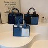 Canvas Denim Tote Bag for Women, Two Tone Splicing, Leather